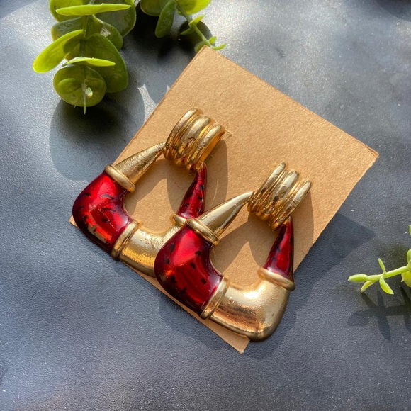 Gold and Red Statement Earrings - Picture 7 of 15